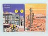 two books with illustrations of a desert scene and an old car