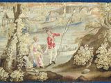 painting of two men fishing in a river with a bridge in the background