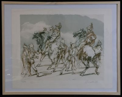 painting of a group of men riding horses in a line