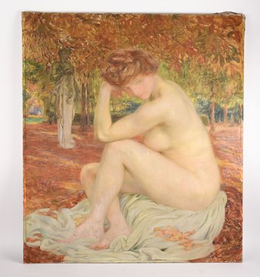 une image représentant un tableau où l'on voit une femme nue assise sur une couverture