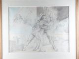 dessin encadré représentant un couple s'étreignant dans un salon