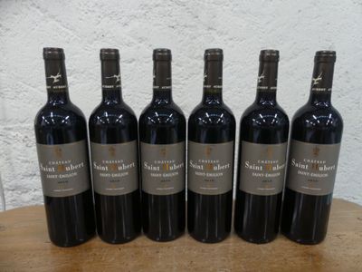 six bouteilles de vin rouge sont alignées sur une table en bois