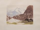 a picture of a painting of a mountain with snow on it