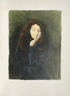 painting of a woman with her eyes closed and her hands on her face