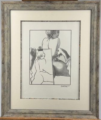 drawing of a woman sitting on a bed with a cat