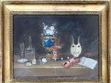 un tableau représentant un vase de fleurs et un violon posés sur une table