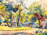 a painting of a park with a bench and a fountain