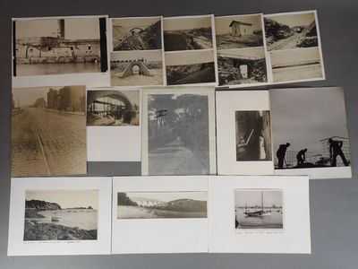 several old black and white photographs of a train and a man