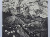 un dessin représentant une montagne avec un troupeau de moutons