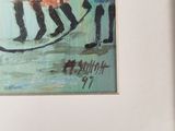 a painting of a group of people walking on a beach