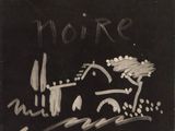 black and white photograph of a chalkboard with a drawing of a house on it