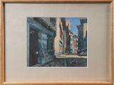 painting of a street scene with buildings and a clock in the distance