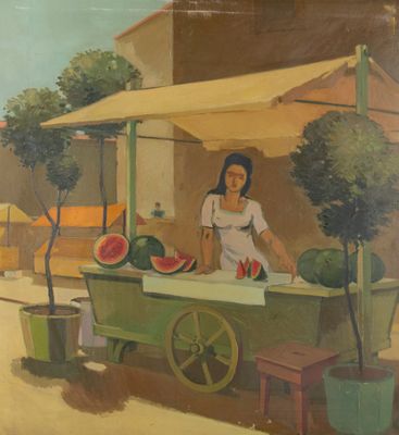 un tableau représentant une femme vendant des pastèques depuis une charrette