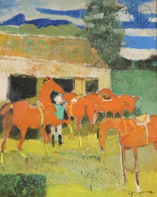 painting of a group of horses in a field with a barn in the background