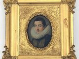 portrait d'un homme dans un cadre doré, portant un col à volants blancs
