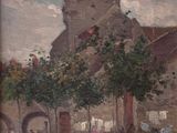 une peinture à l'huile représentant une église avec du linge qui sèche sur une corde à linge