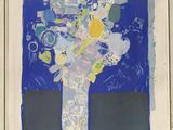 painting of a vase of flowers on a blue background in a white frame