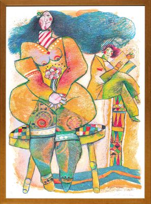tableau représentant un clown et un autre clown dans une scène de cirque