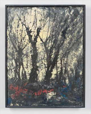 an oil painting of trees in a forest on a white background