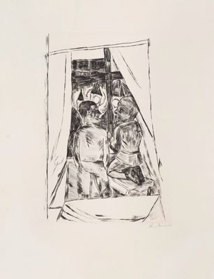an image of a black and white drawing of a woman sitting in a window
