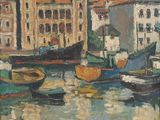 a painting of boats in a harbor with buildings in the background