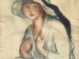 an old drawing of a woman wearing a hat and a white shirt