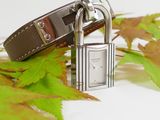 brown leather bracelet with a padlock and a padlock on a white surface