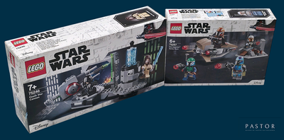 two boxes of lego star wars sets on a blue background