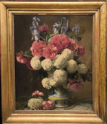 a painting of flowers in a vase on a table