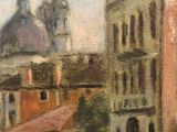 an oil painting of a building with a clock tower in the background