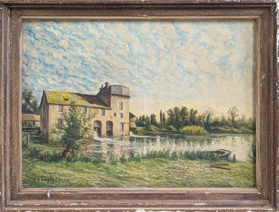 une peinture à l'huile représentant une maison au bord d'un lac, avec un bateau au premier plan