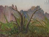 an oil painting of a tree in a field with mountains in the background
