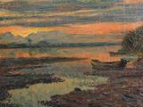 a painting of a boat on the water at sunset