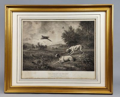 une reproduction encadrée représentant un chien poursuivant un oiseau dans un champ