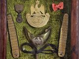 tableau encadré représentant une collection d'objets militaires exposés dans un cadre-vitrine