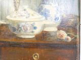 a painting of a vase and a bowl on a table