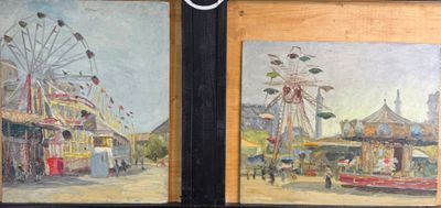 deux tableaux représentant une grande roue et une grande roue sur un mur en bois