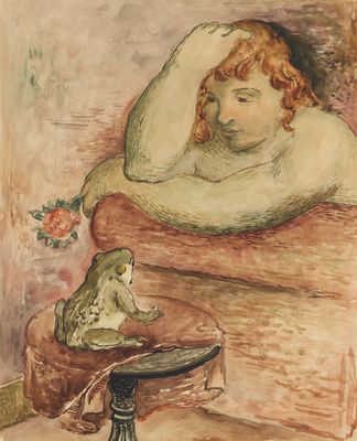 an image of a painting of a woman with a frog on a table