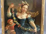 an old painting of a woman holding a flower in her hand