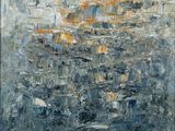 une peinture abstraite représentant un paysage urbain avec de nombreux bâtiments