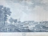 painting of a view of a harbor with boats and people