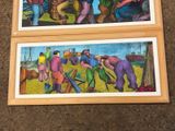 two paintings of people working in a field on a sunny day