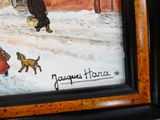 une photo d'un tableau représentant une femme et un chien dans la neige