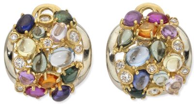 pair of multicolored stones and gold earrings on a white background