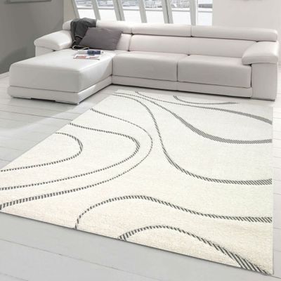 un grand tapis blanc posé au sol dans le salon