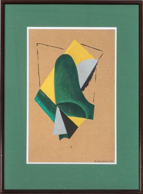 an image of a painting of a green and yellow object on a brown background