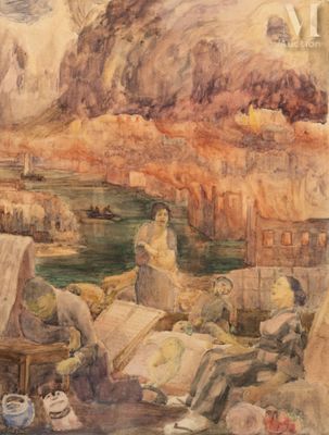 un tableau représentant un homme assis sur un rocher au bord de l'eau