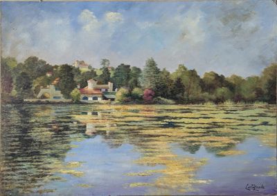 an image of a painting of a lake with a house in the background