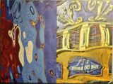 peinture représentant un tramway sur la façade d'un immeuble, à côté d'un panneau de signalisation