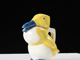 a small yellow and white bird with a blue hat on it ' s head